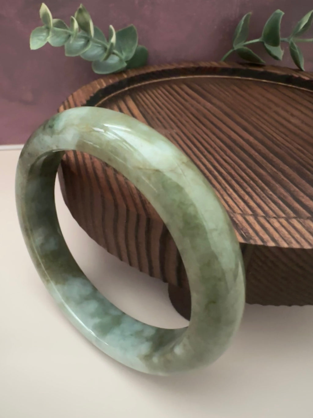 Green Jadeite Bangle - Natural Stone lines (Sz 54.8)