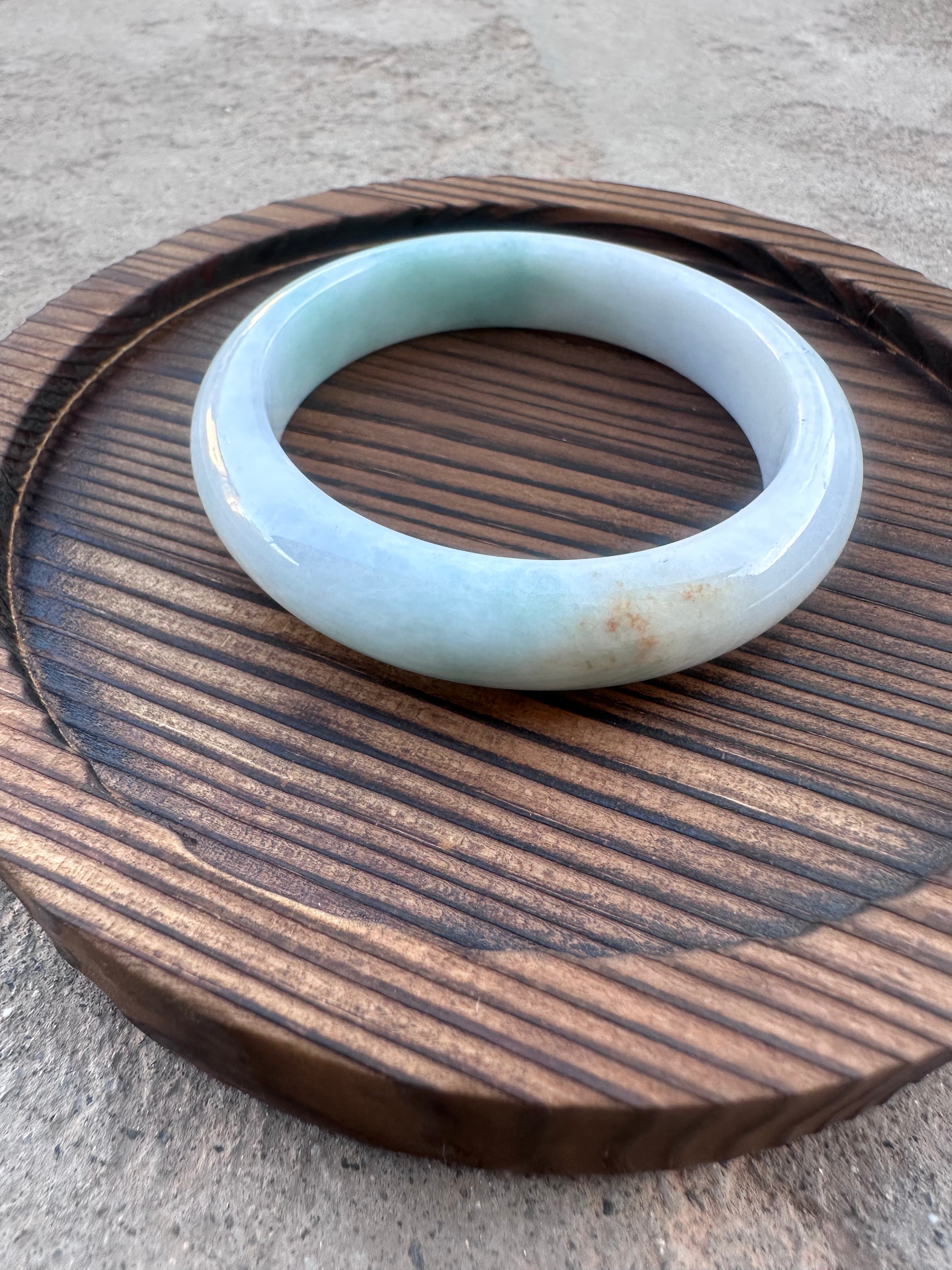 Icy White-Green Jadeite Bangle with Natural Sajin (Sz 52.5)