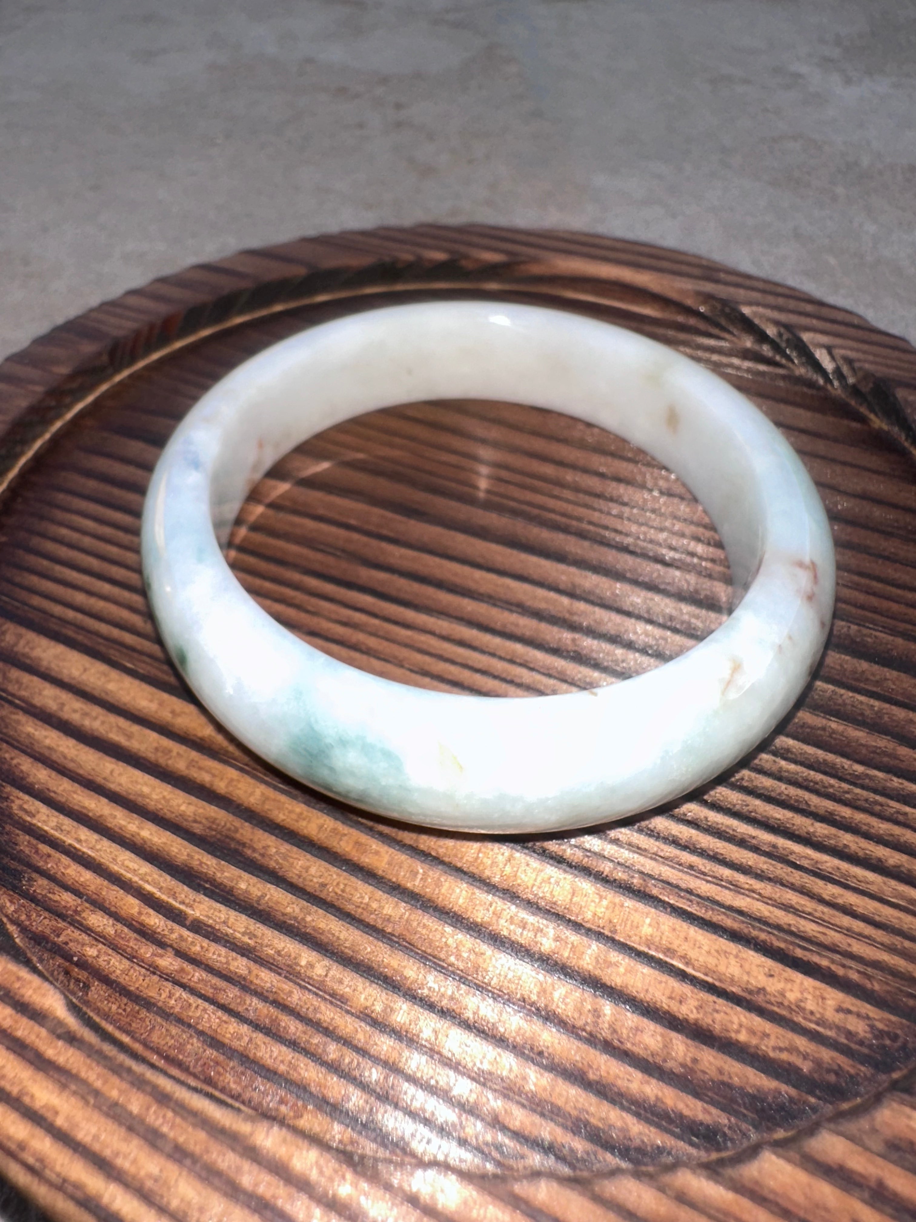 White Jadeite Bangle with Natural Floating Green (Sz 52.0)