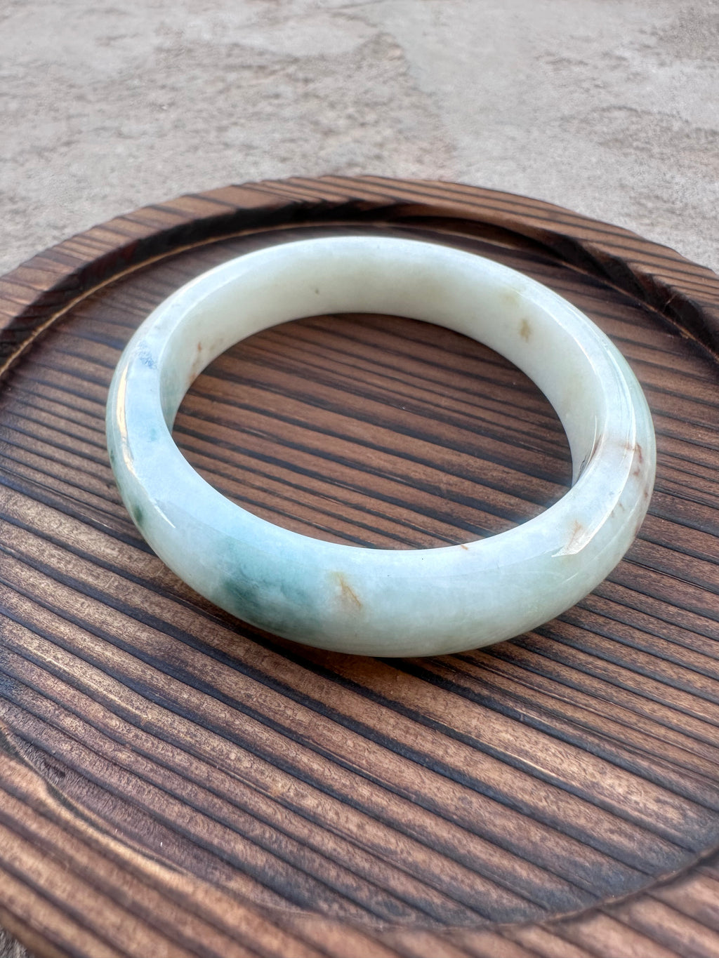 White Jadeite Bangle with Natural Floating Green (Sz 52.0)