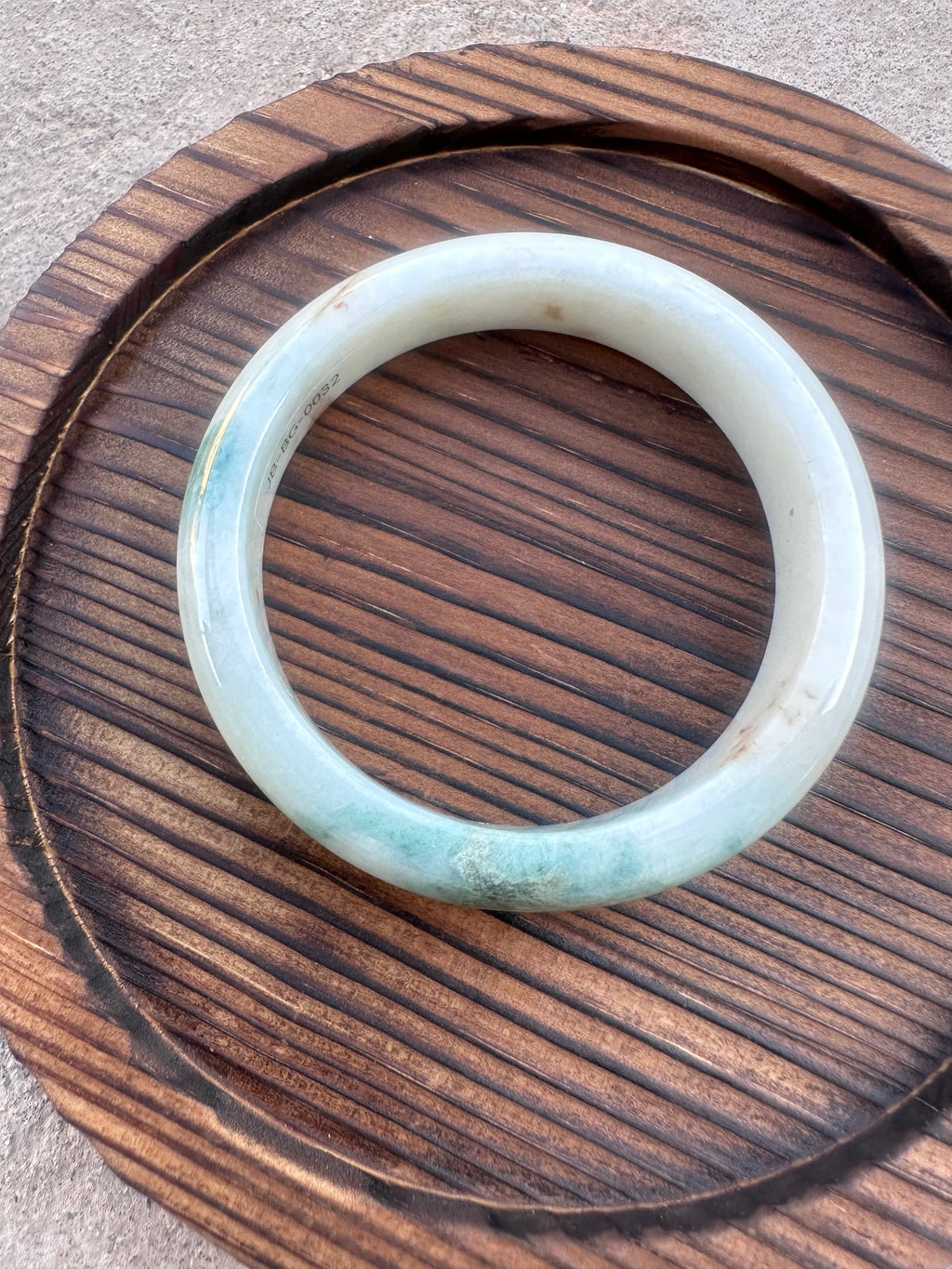 White Jadeite Bangle with Natural Floating Green (Sz 52.0)
