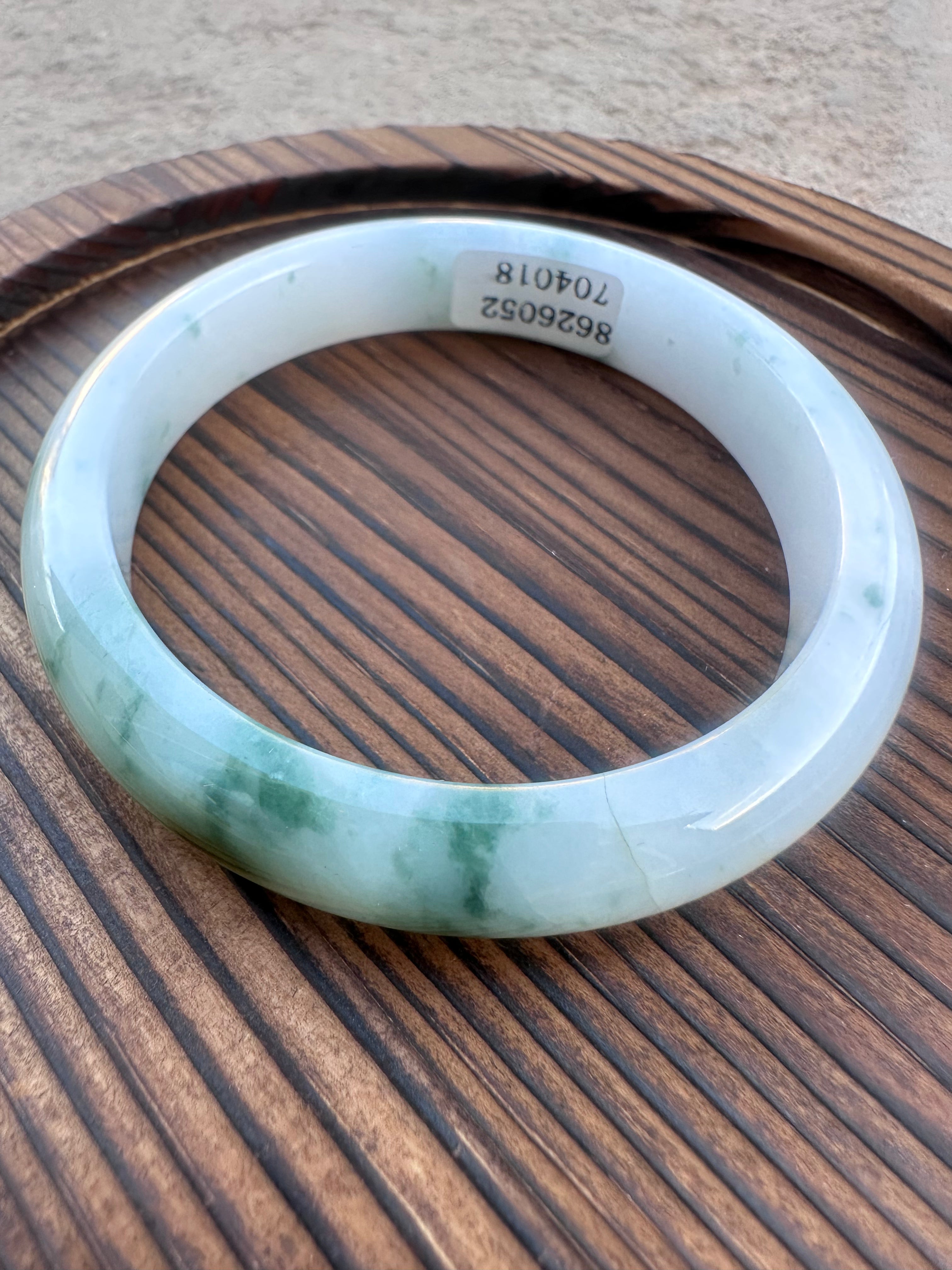 Icy White Jadeite Bangle with Natural Floating Green (Sz 52.5)