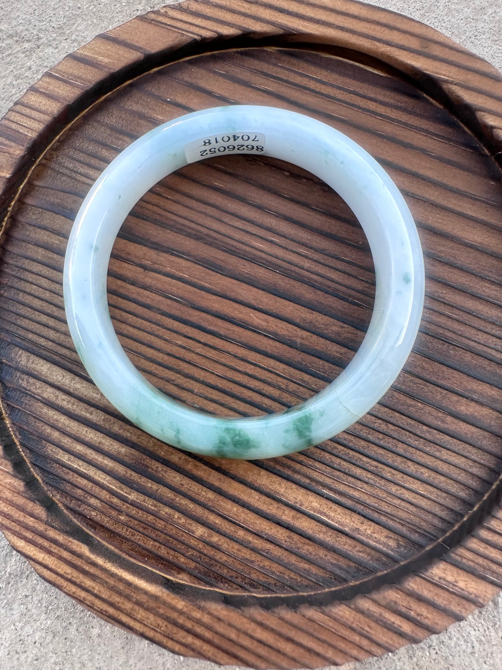 Icy White Jadeite Bangle with Natural Floating Green (Sz 52.5)