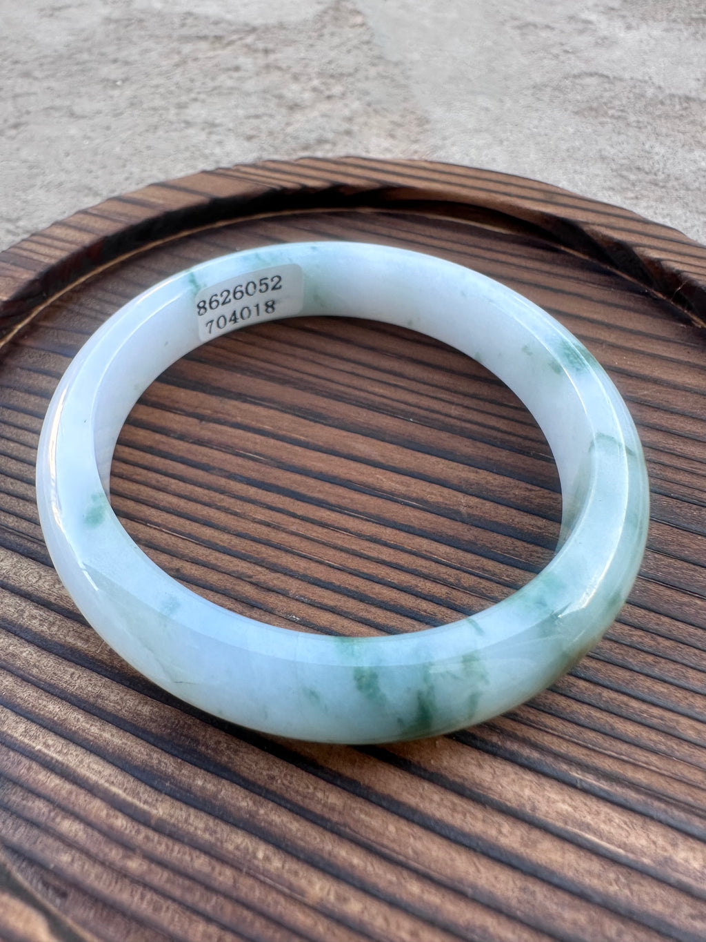 Icy White Jadeite Bangle with Natural Floating Green (Sz 52.5)