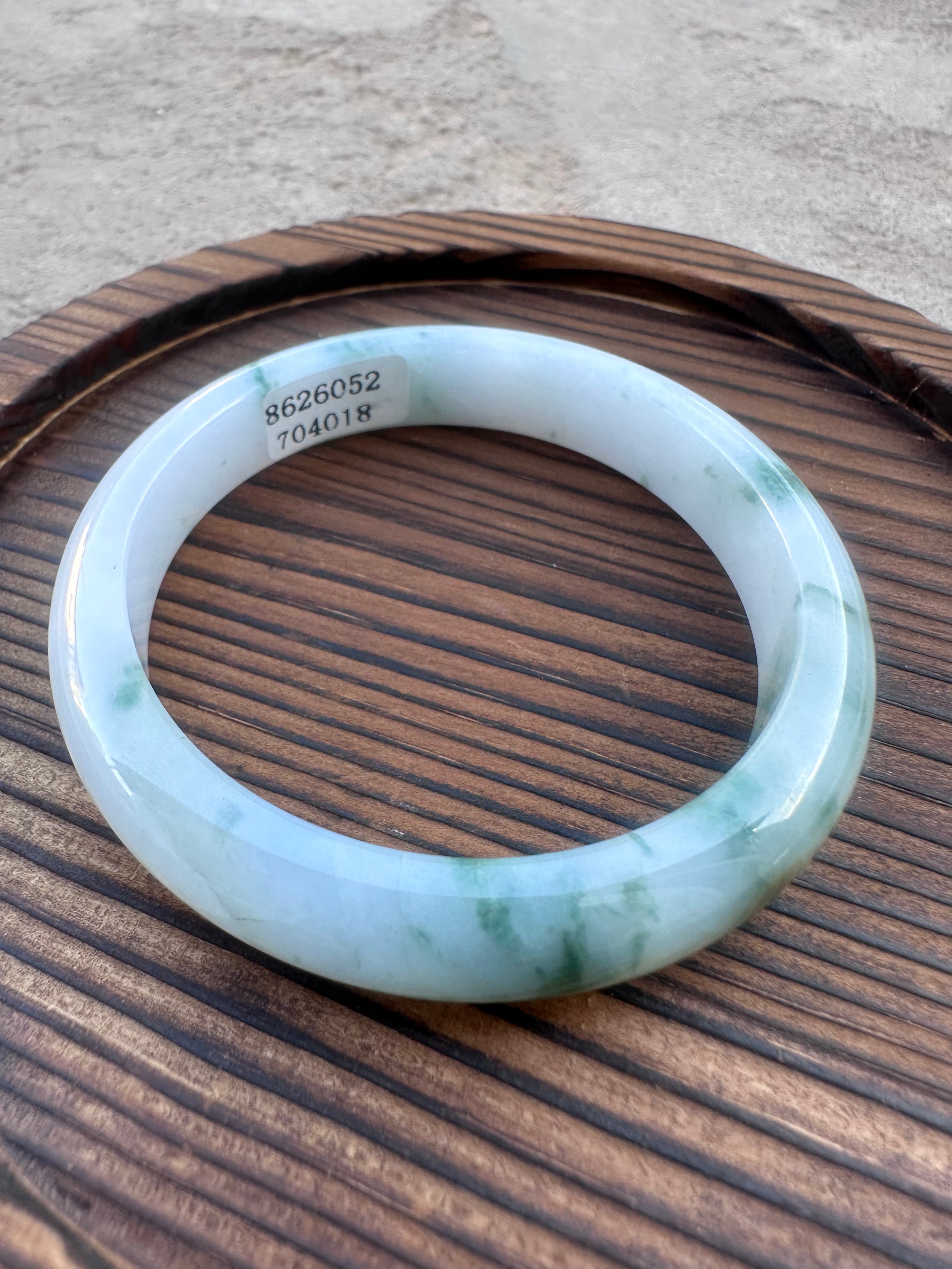 Icy White Jadeite Bangle with Natural Floating Green (Sz 52.5)