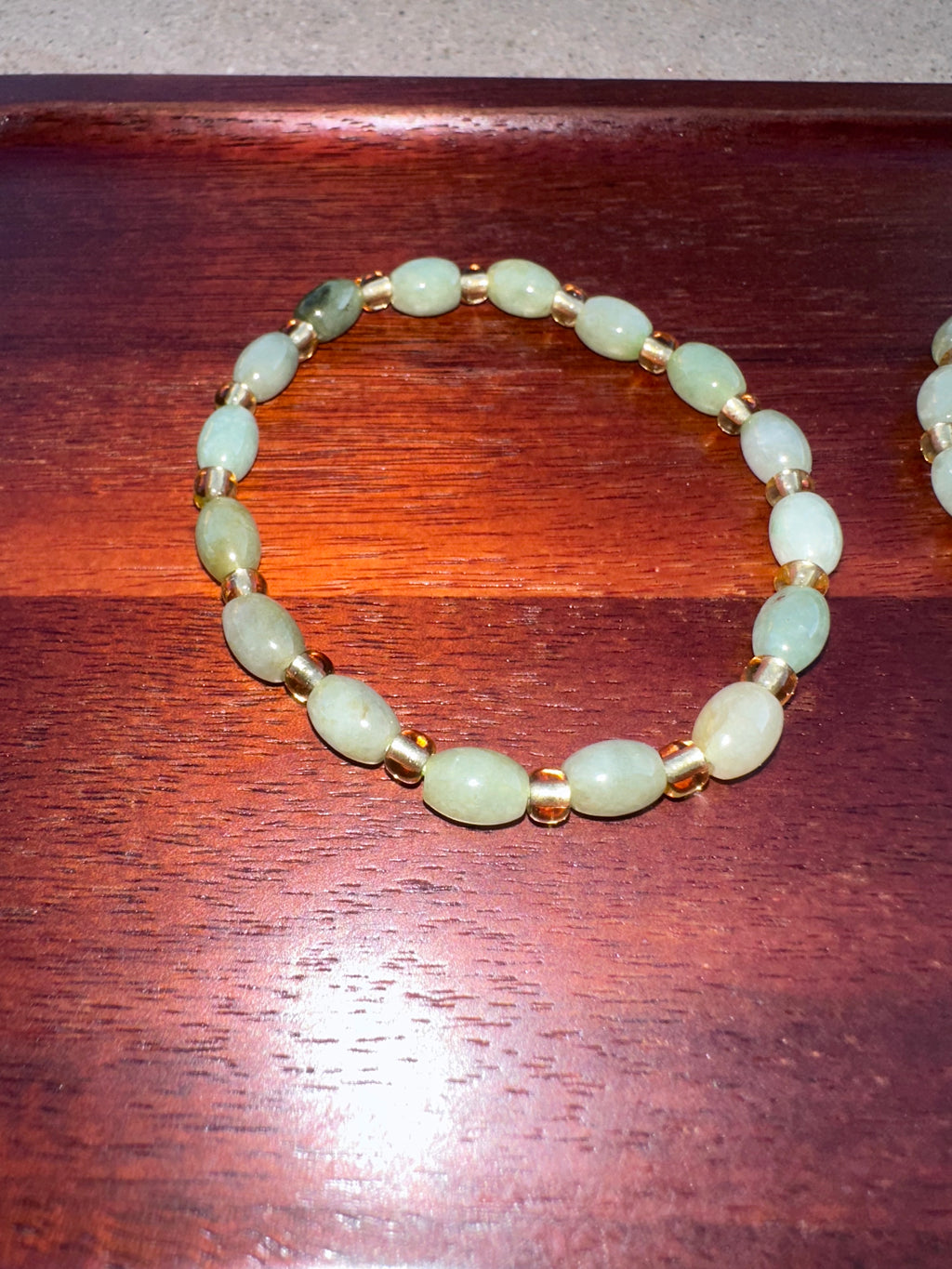 Natural Jadeite Jade Bracelet — Soft Green Oval Beads with Gold-Tone Accents ( Uncertified)  (Each)