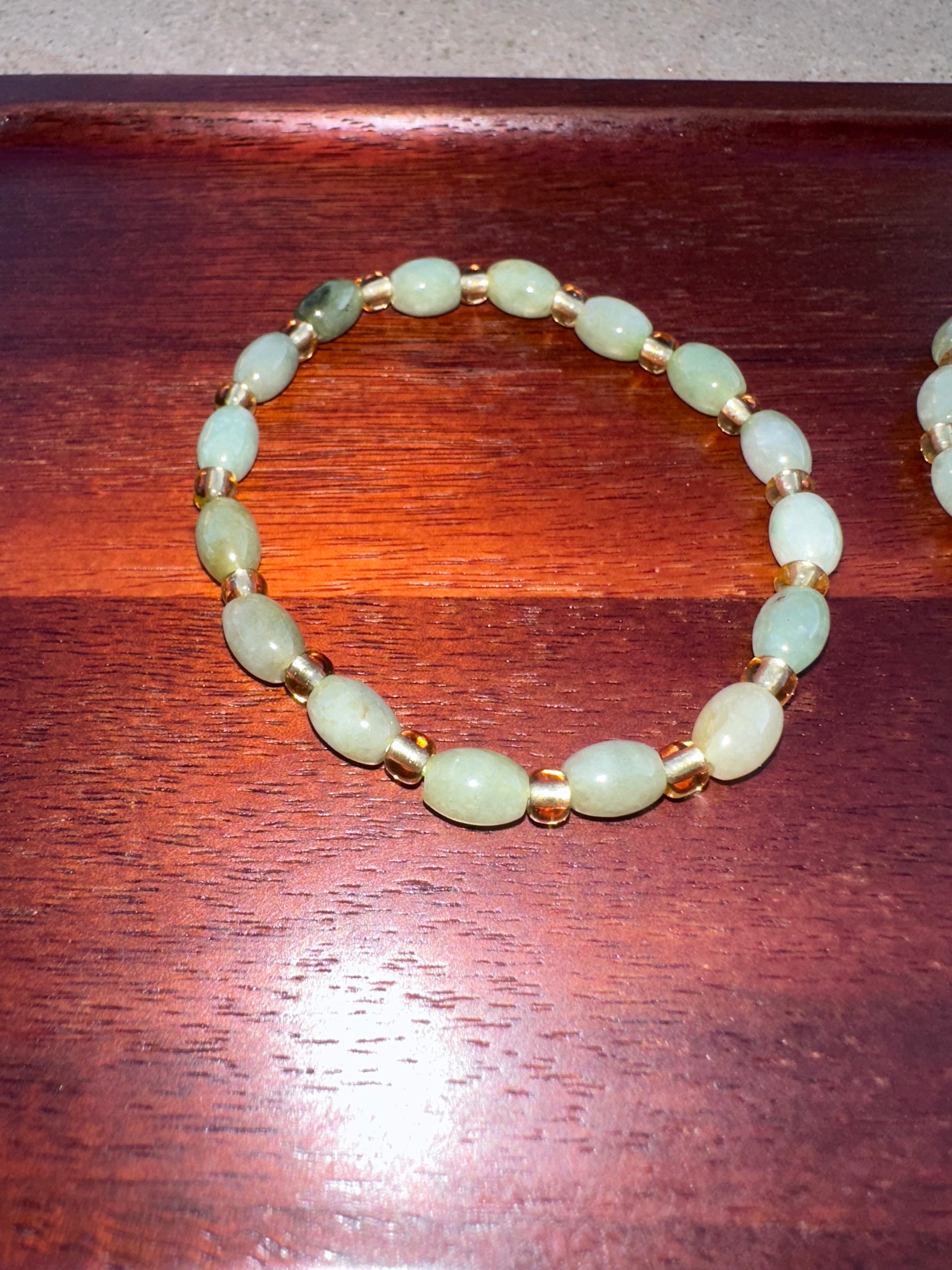 Natural Jadeite Jade Bracelet — Soft Green Oval Beads with Gold-Tone Accents ( Uncertified)  (Each)