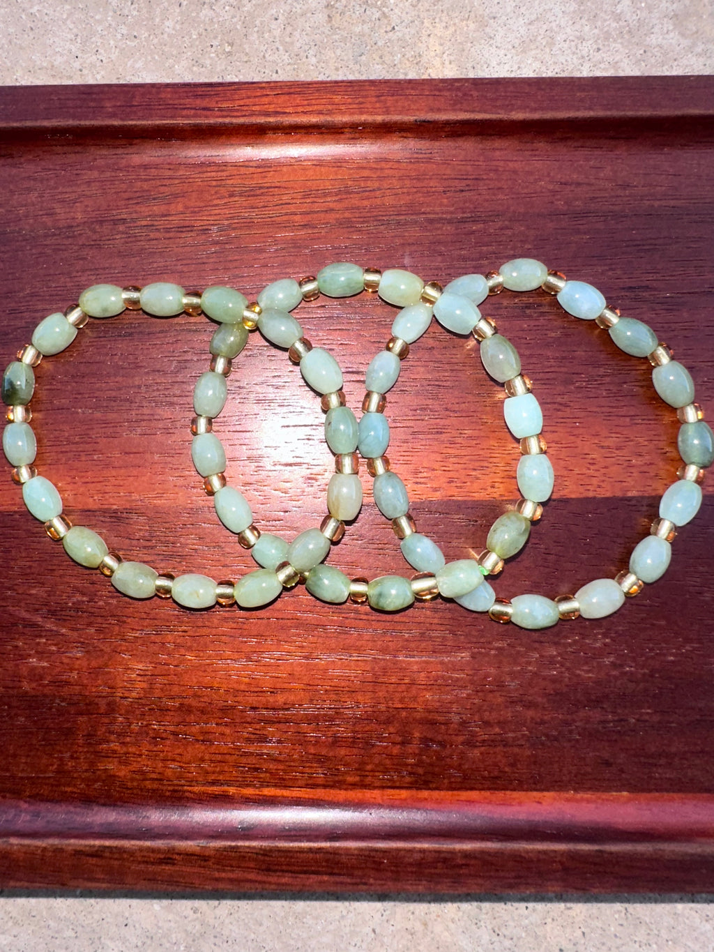 Natural Jadeite Jade Bracelet — Soft Green Oval Beads with Gold-Tone Accents ( Uncertified)  (Each)