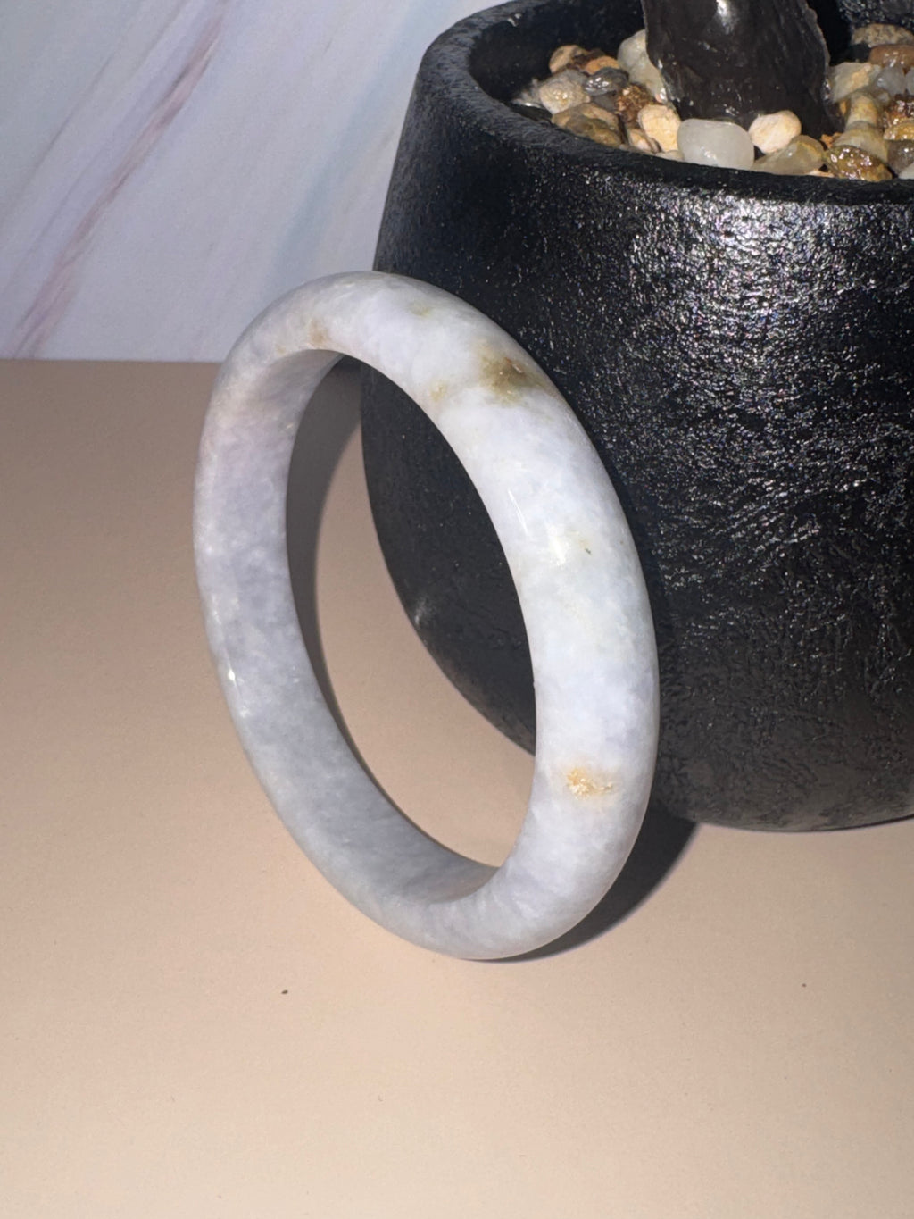 Lavender-White Jadeite Bangle with Natural Sajin (Sz 56.3)